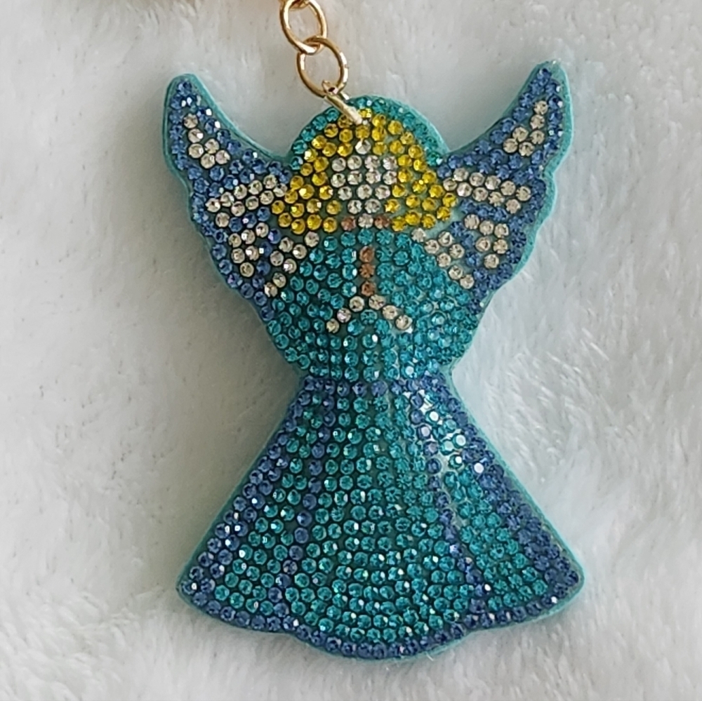 Angel Blue and Gold Rhinestone Keychain Bag Charm - Picture 2 of 3